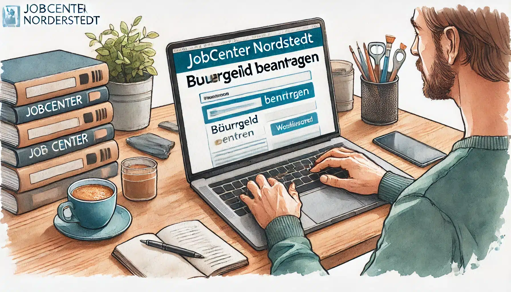 Illustration einer Person, die online einen Antrag beim Jobcenter Norderstedt stellt, um die digitalen Services zu nutzen.