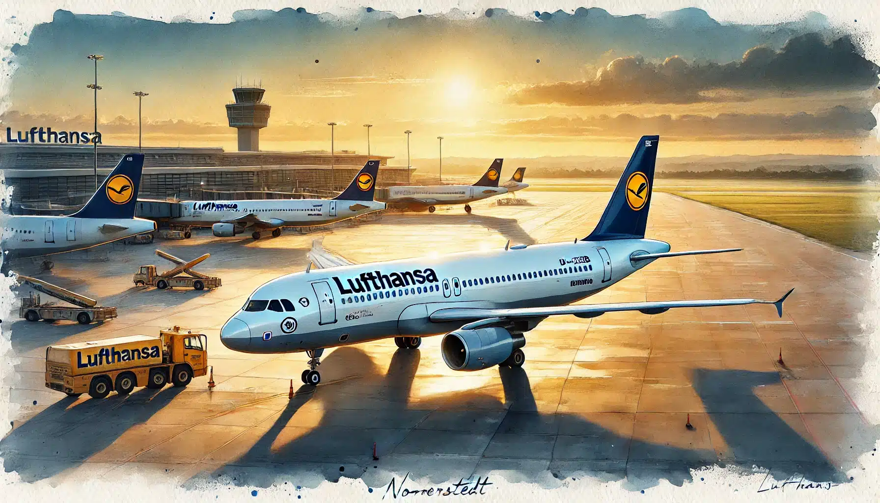 Airbus A320 „Norderstedt“ der Lufthansa bei Sonnenaufgang auf dem Rollfeld, in klassischer Lufthansa-Lackierung.