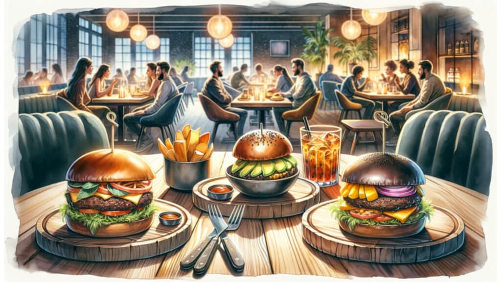 Verschiedene kreative Burger-Kreationen in einem modernen Norderstedter Restaurant, darunter ein Rindfleisch-Burger, ein Avocado-Mango-Burger und ein BBQ-Burger, serviert auf rustikalen Holzplatten.