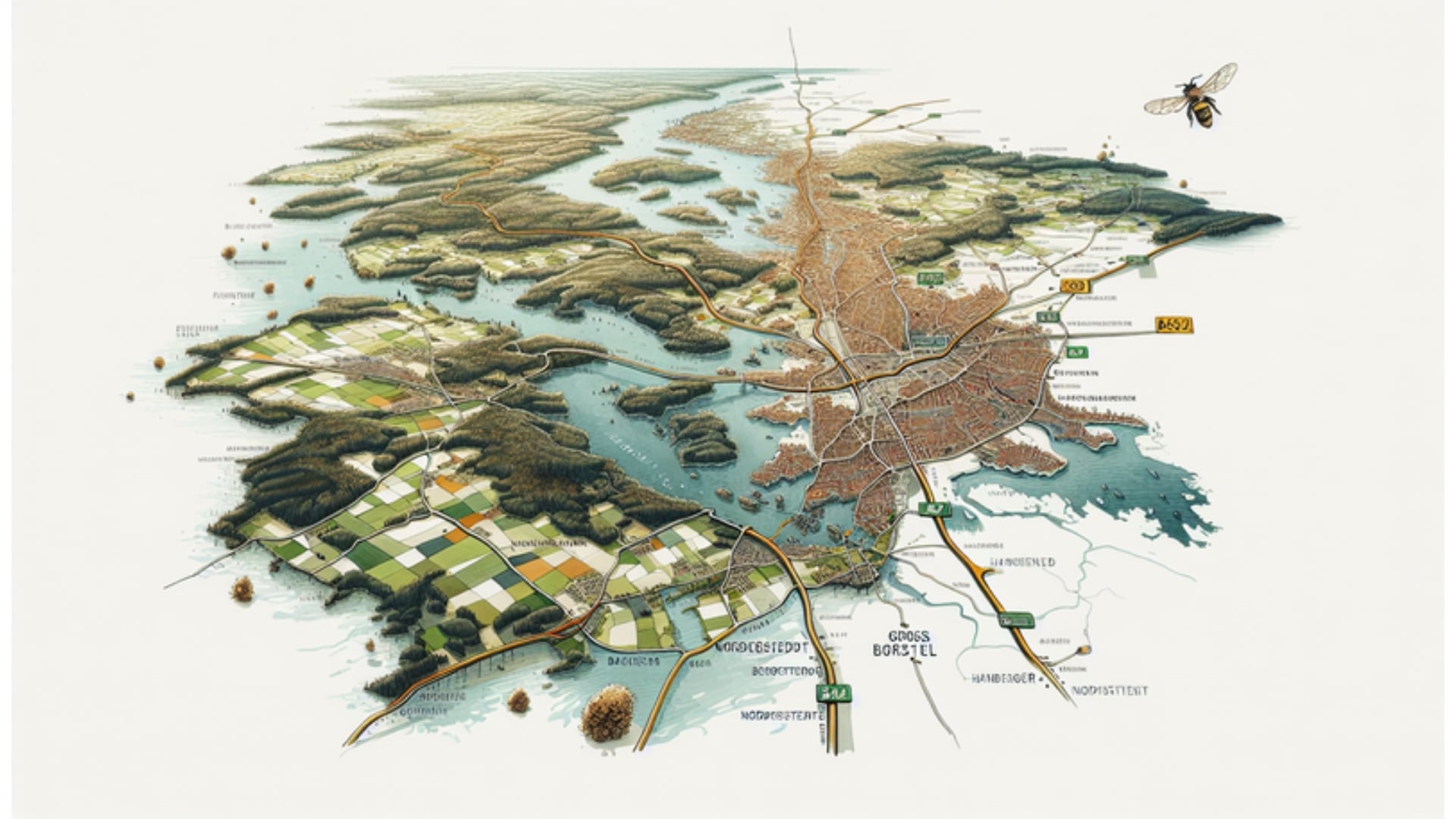 Künstlerische Karte der Route von Norderstedt nach Hamburg in Aquarell, zeigt Luftlinien- und Straßenrouten sowie geografische Merkmale wie den Alsterlauf.