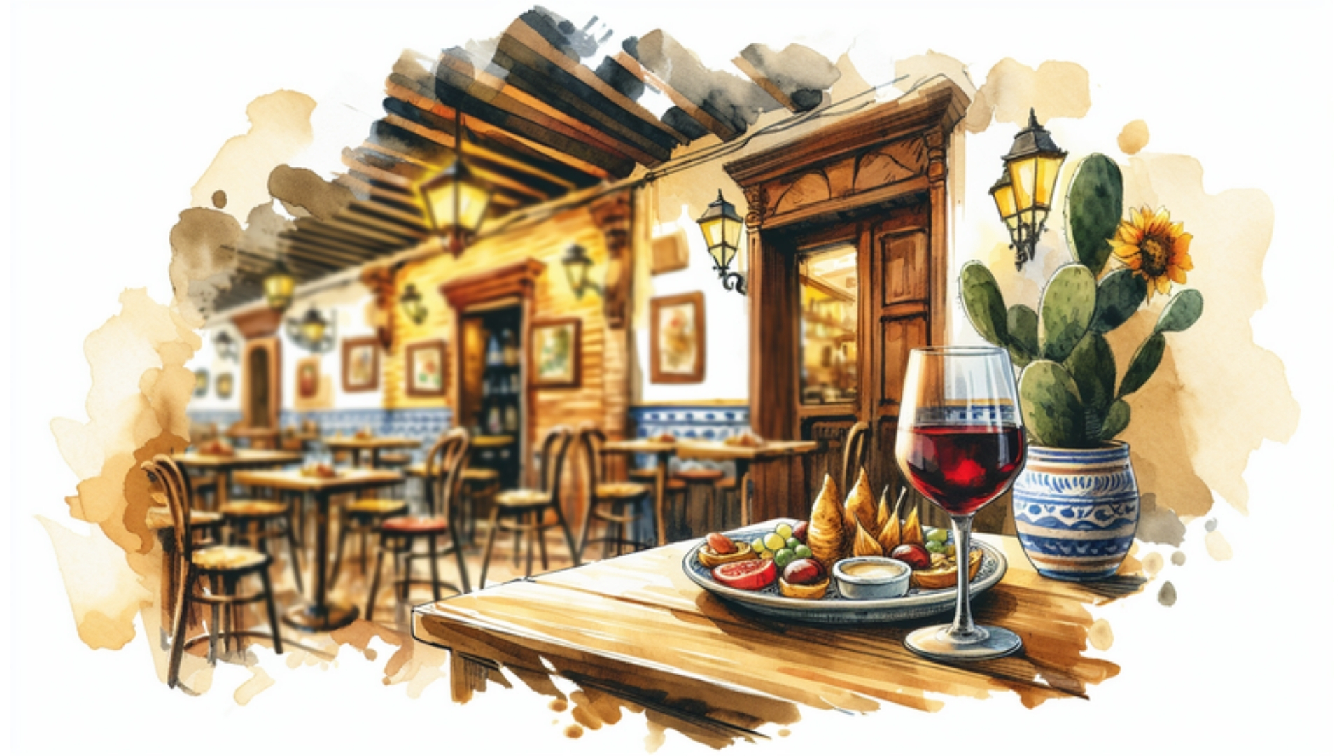 Gemütliches spanisches Restaurant mit traditionellen Tapas und Rotwein, dargestellt im Wasserfarben-Stil.