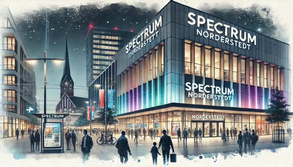 Beleuchteter Eingangsbereich des Spectrum Norderstedt bei Nacht mit Besuchern und U-Bahn-Station im Hintergrund.