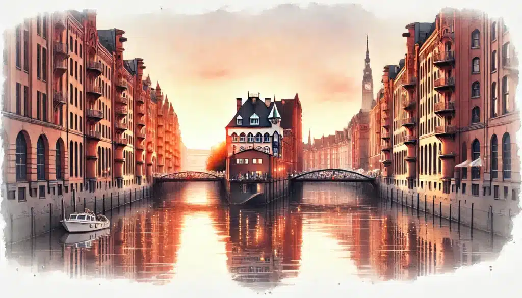 Speicherstadt Hamburg bei Sonnenuntergang mit Spiegelung der Backsteingebäude in den Kanälen.