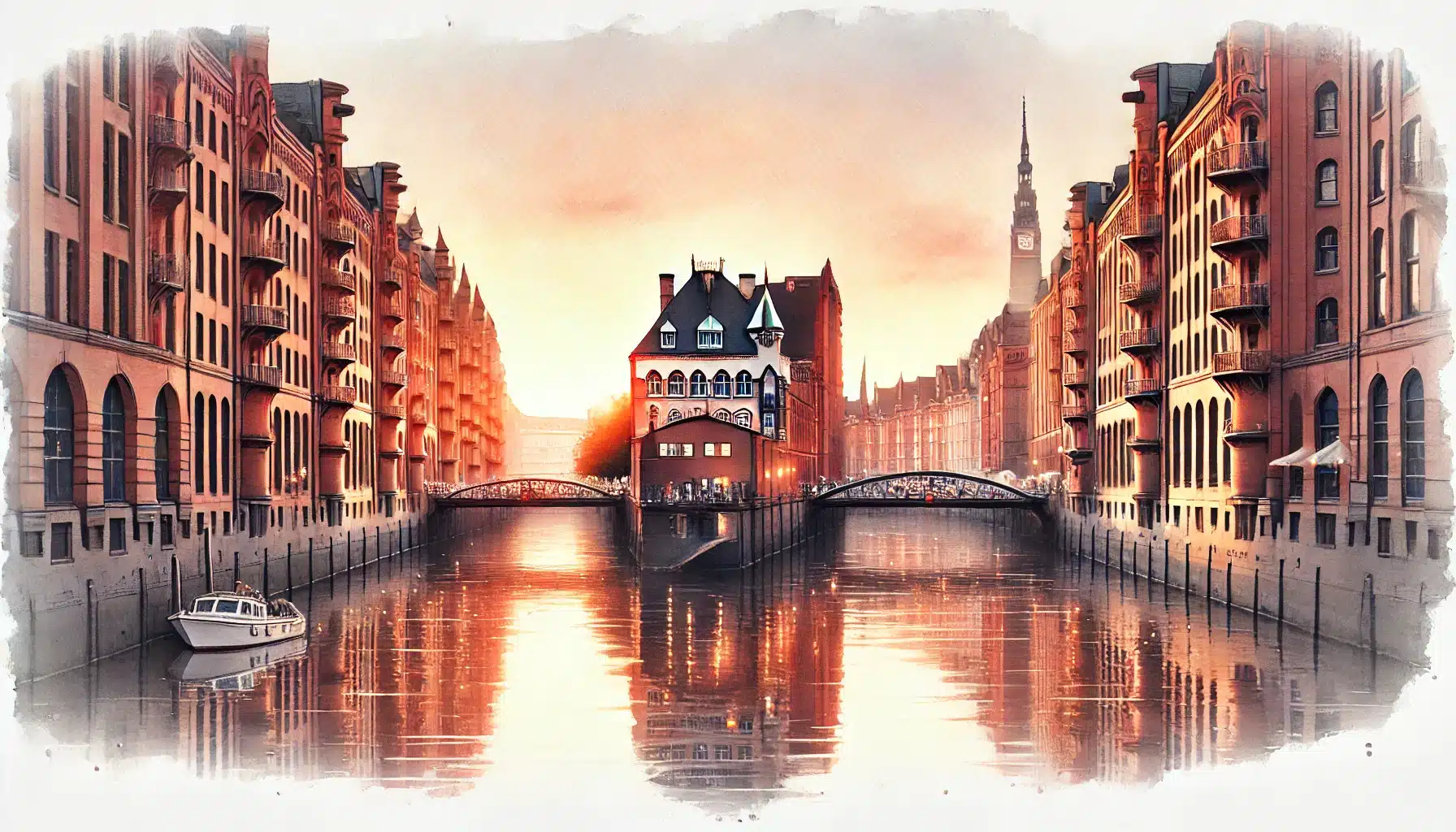 Speicherstadt Hamburg bei Sonnenuntergang mit Spiegelung der Backsteingebäude in den Kanälen.