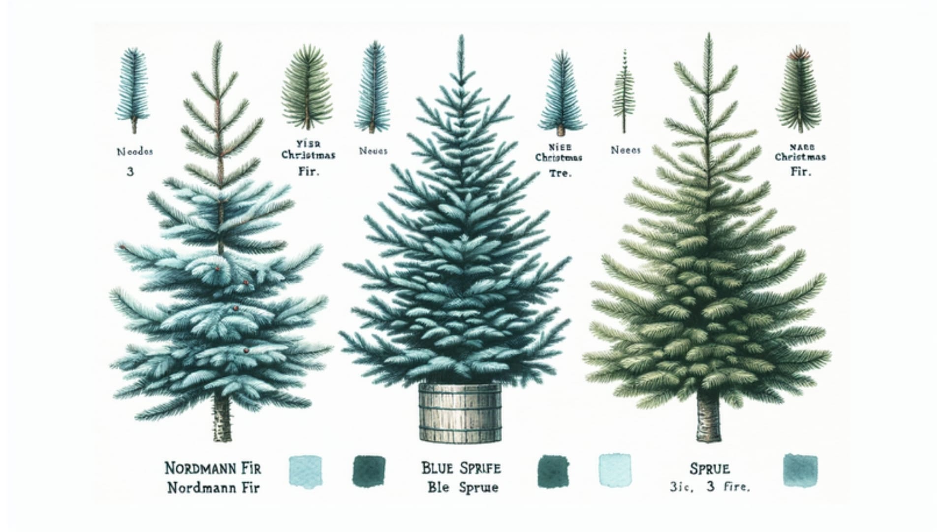 Illustration der Nordmanntanne, Blautanne und Fichte mit Merkmalen, in Aquarellstil auf weißem Hintergrund, 16:9 Format